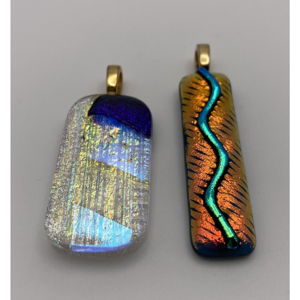 2 Dichroic Glass Pendants Orange Green Blues Craft Jewelry Making - Picture 2 of 4